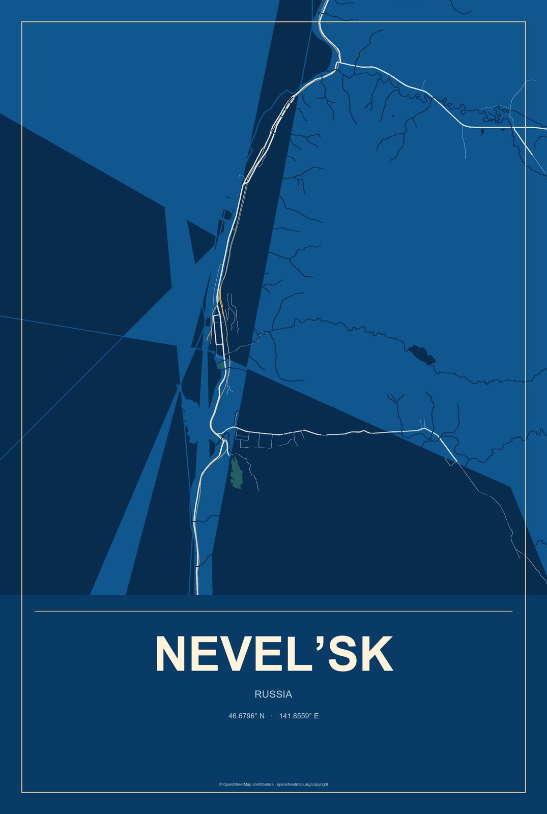 Nevel’sk, Russia City Map Aluminum Sign in Harbor Cobalt style