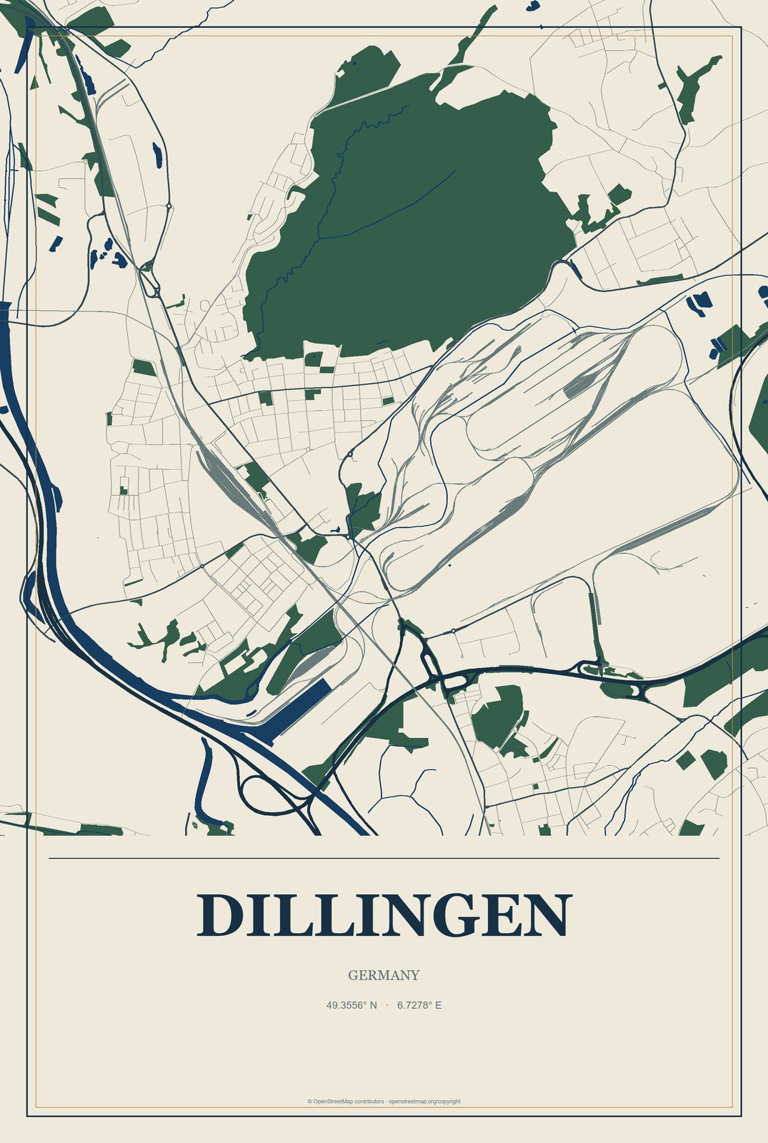 Dillingen, Germany City Map Aluminum Sign in Coastal Cutout style
