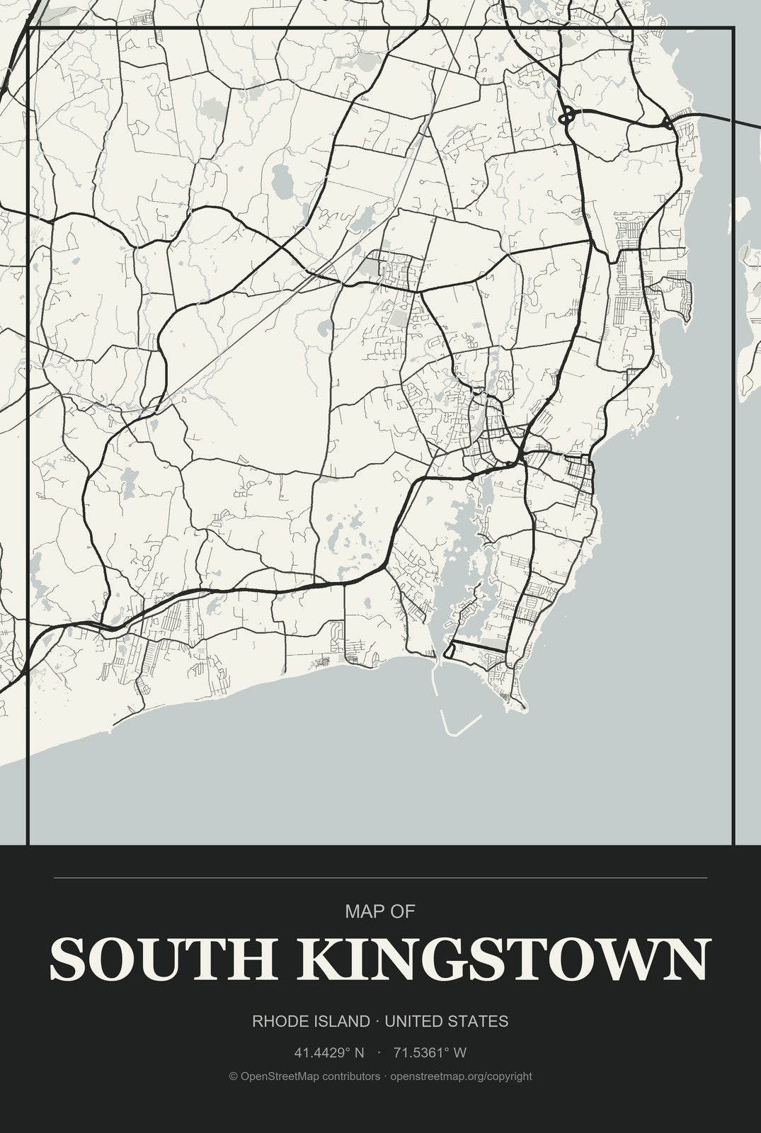 South Kingstown, Rhode Island City Map Aluminum Sign in Museum Plaque style