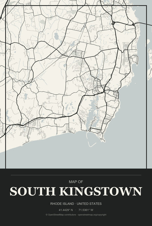South Kingstown, Rhode Island City Map Aluminum Sign in Museum Plaque style