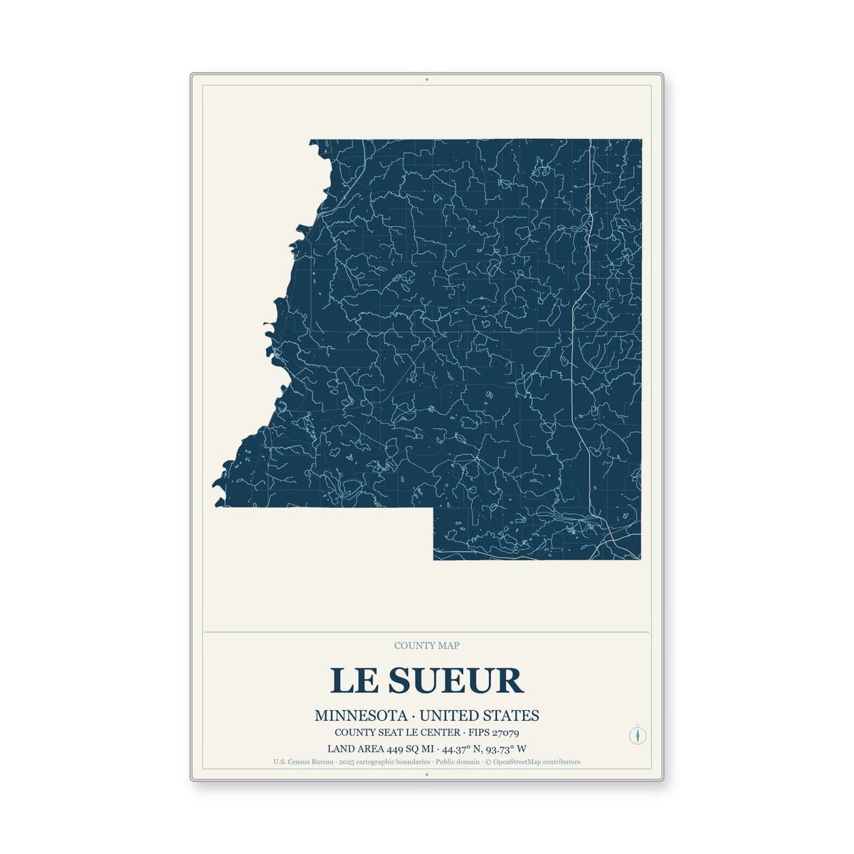 Le Sueur County, Minnesota Map Aluminum Sign in Coastal Cutout style