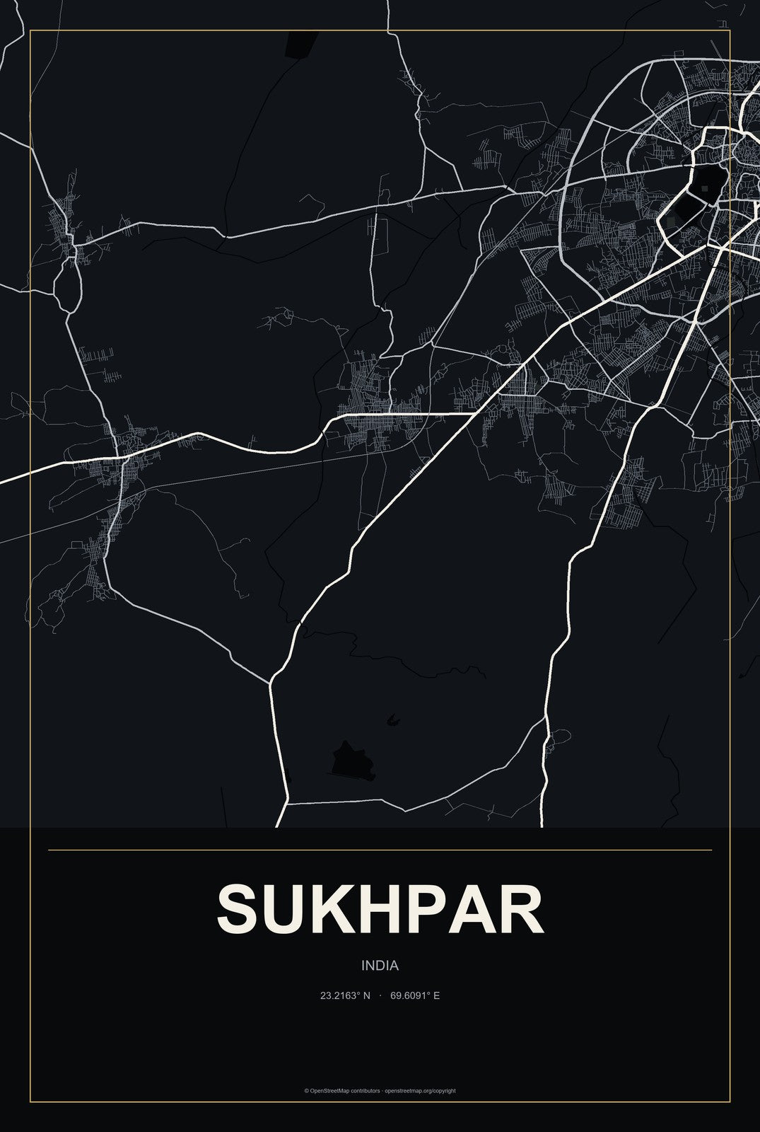 Sukhpar, India City Map Aluminum Sign in Metropolitan Noir style