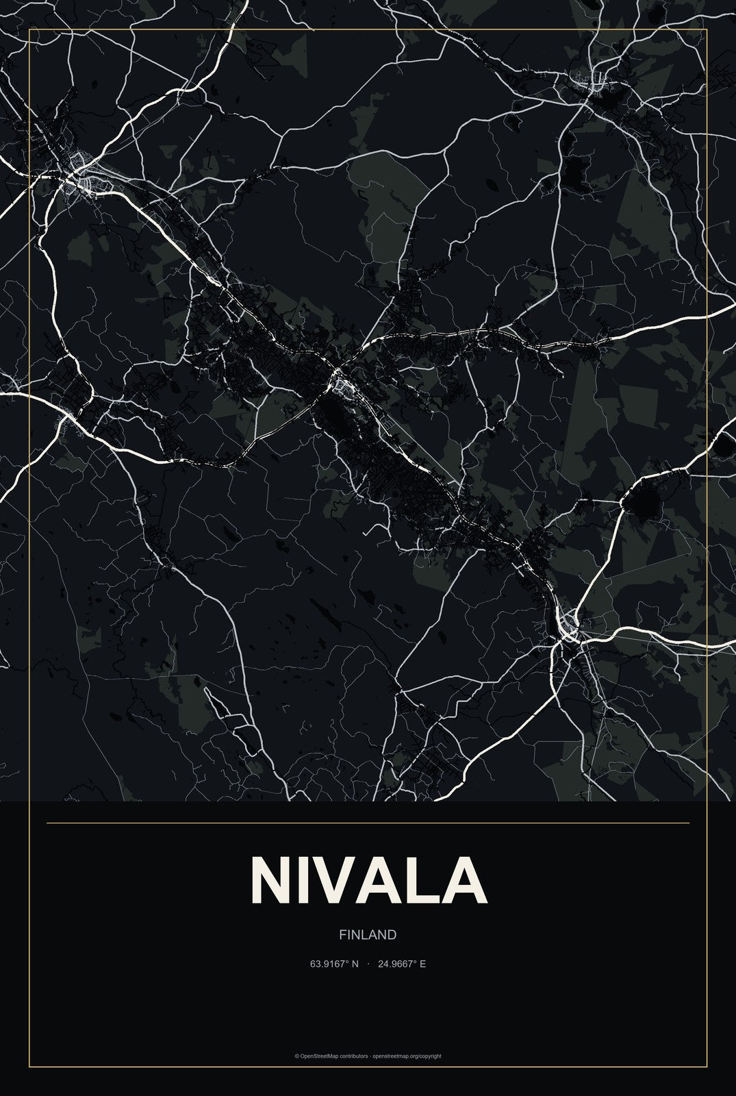 Nivala, Finland City Map Aluminum Sign in Metropolitan Noir style