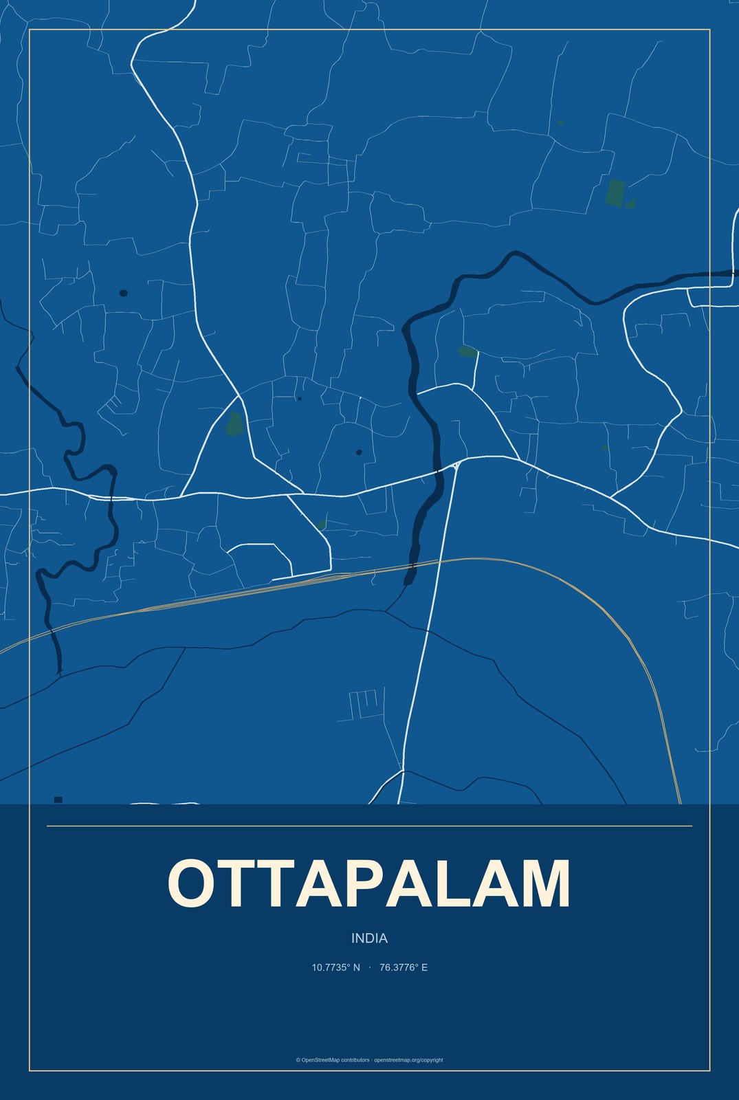 Ottapalam, India City Map Aluminum Sign in Harbor Cobalt style