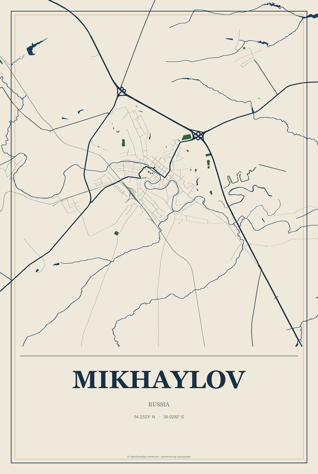 Mikhaylov, Russia City Map Aluminum Sign in Coastal Cutout style