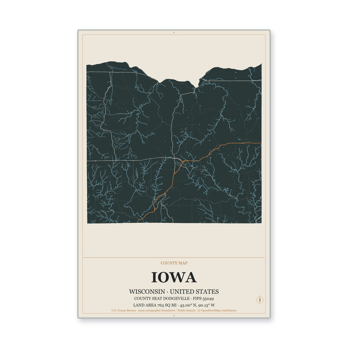 Iowa County, Wisconsin Map Aluminum Sign in Headline Atlas style