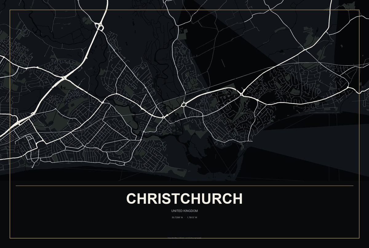 Christchurch, United Kingdom City Map Aluminum Sign in Metropolitan Noir style