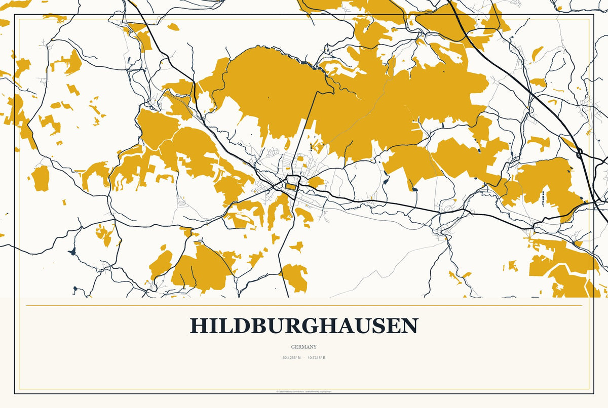 Hildburghausen, Germany City Map Aluminum Sign in Citrine Modern style