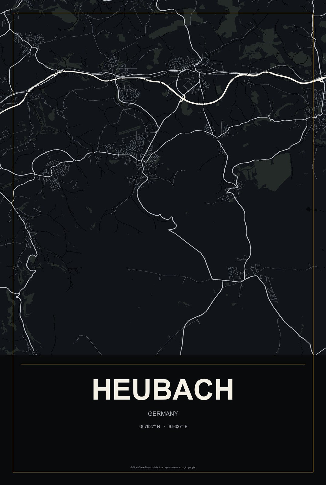 Heubach, Germany City Map Aluminum Sign in Metropolitan Noir style