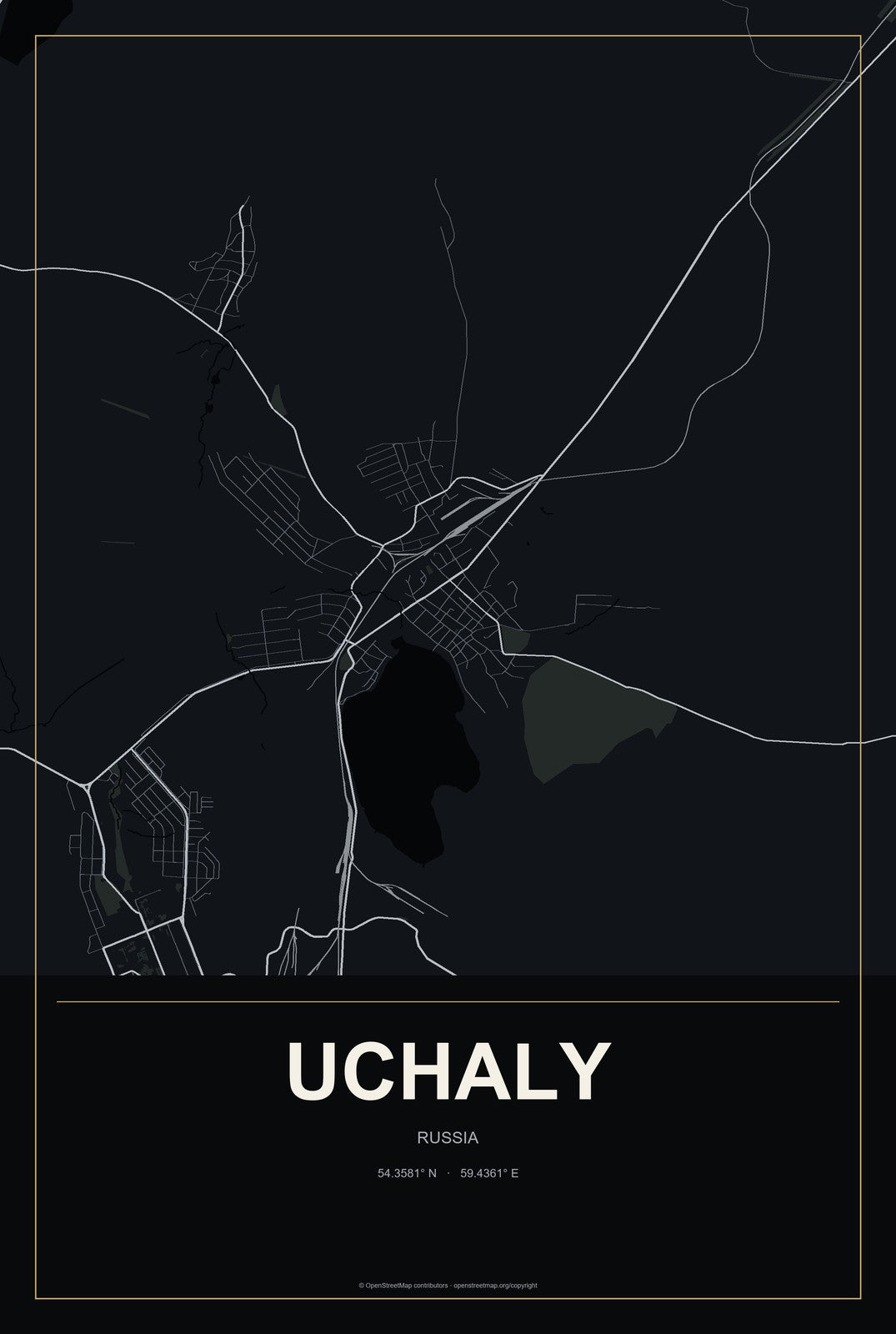 Uchaly, Russia City Map Aluminum Sign in Metropolitan Noir style