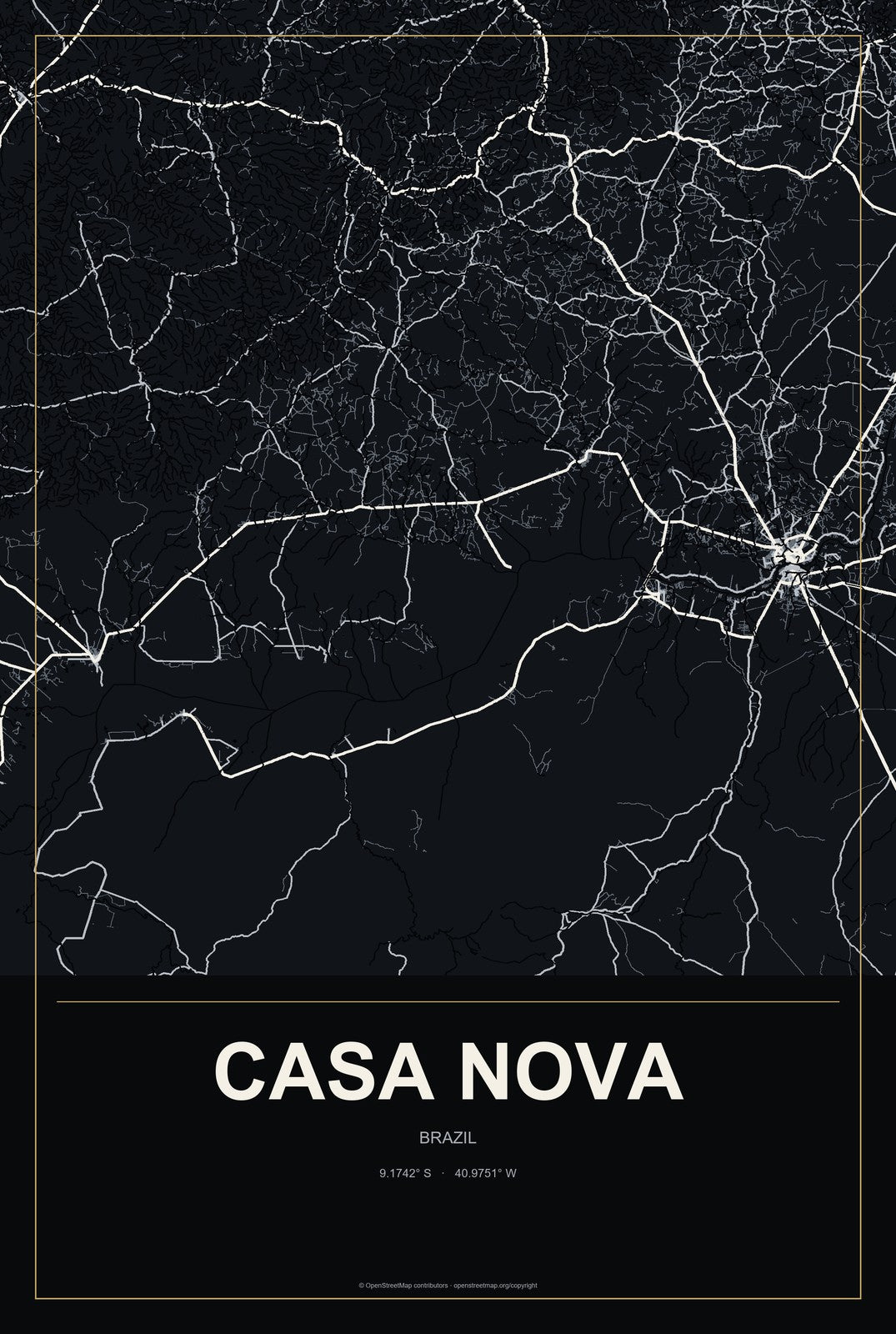 Casa Nova, Brazil City Map Aluminum Sign in Metropolitan Noir style