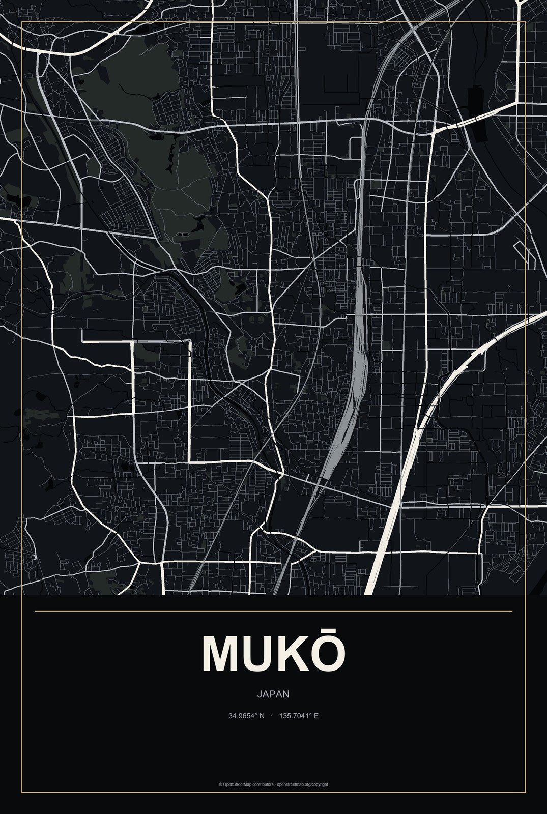 Mukō, Japan City Map Aluminum Sign in Metropolitan Noir style