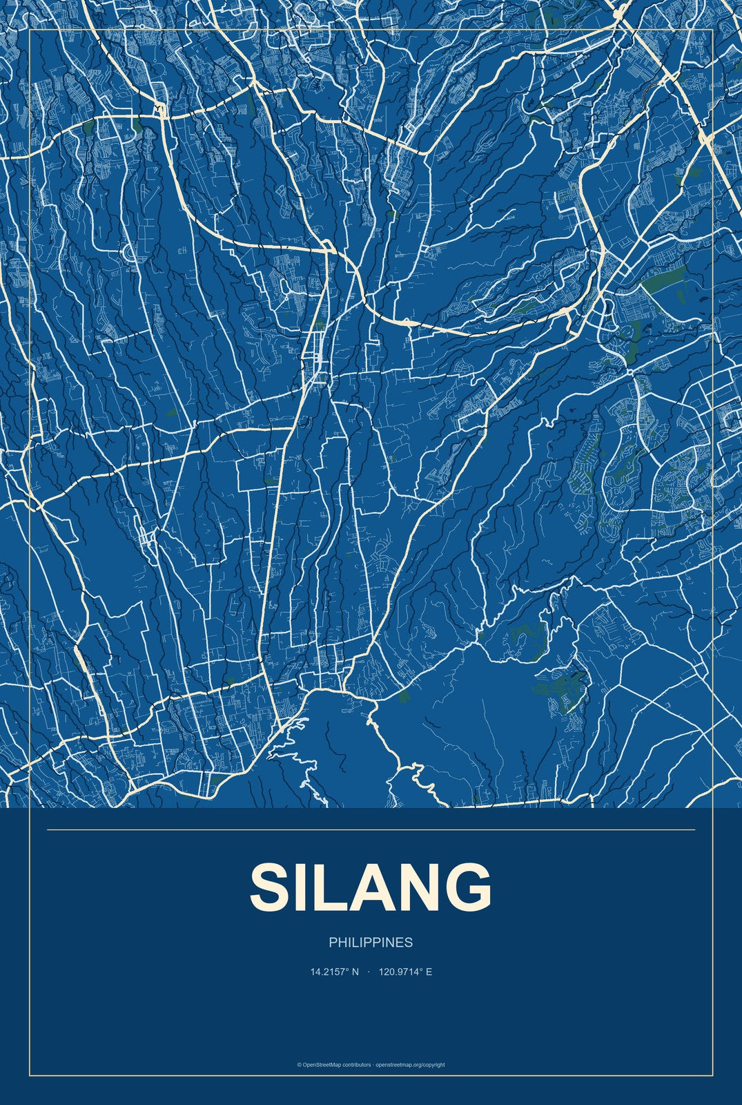 Silang, Philippines City Map Aluminum Sign in Harbor Cobalt style