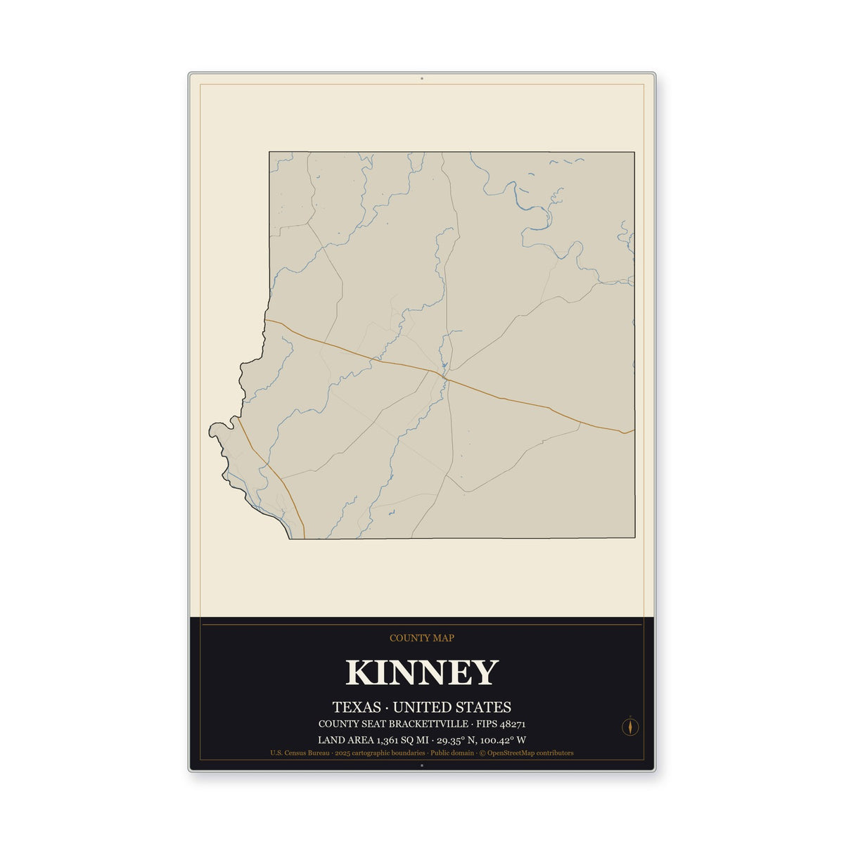 Kinney County, Texas Map Aluminum Sign in Museum Plaque style
