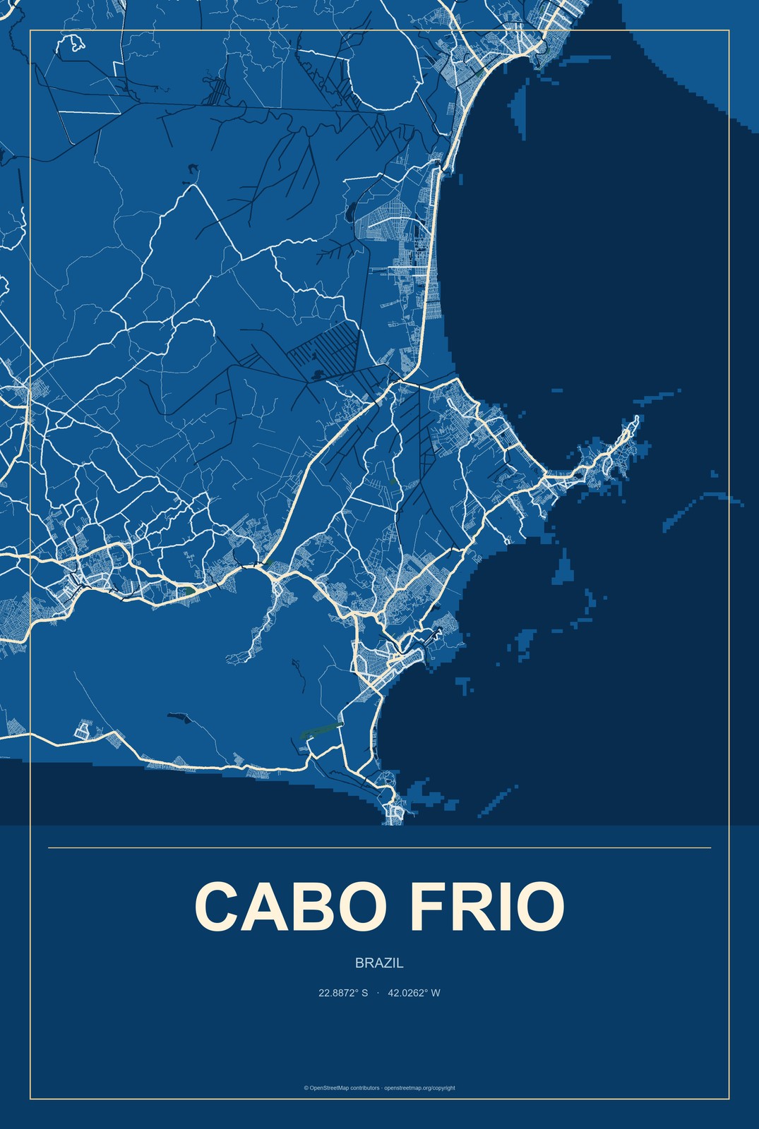 Cabo Frio, Brazil City Map Aluminum Sign in Harbor Cobalt style