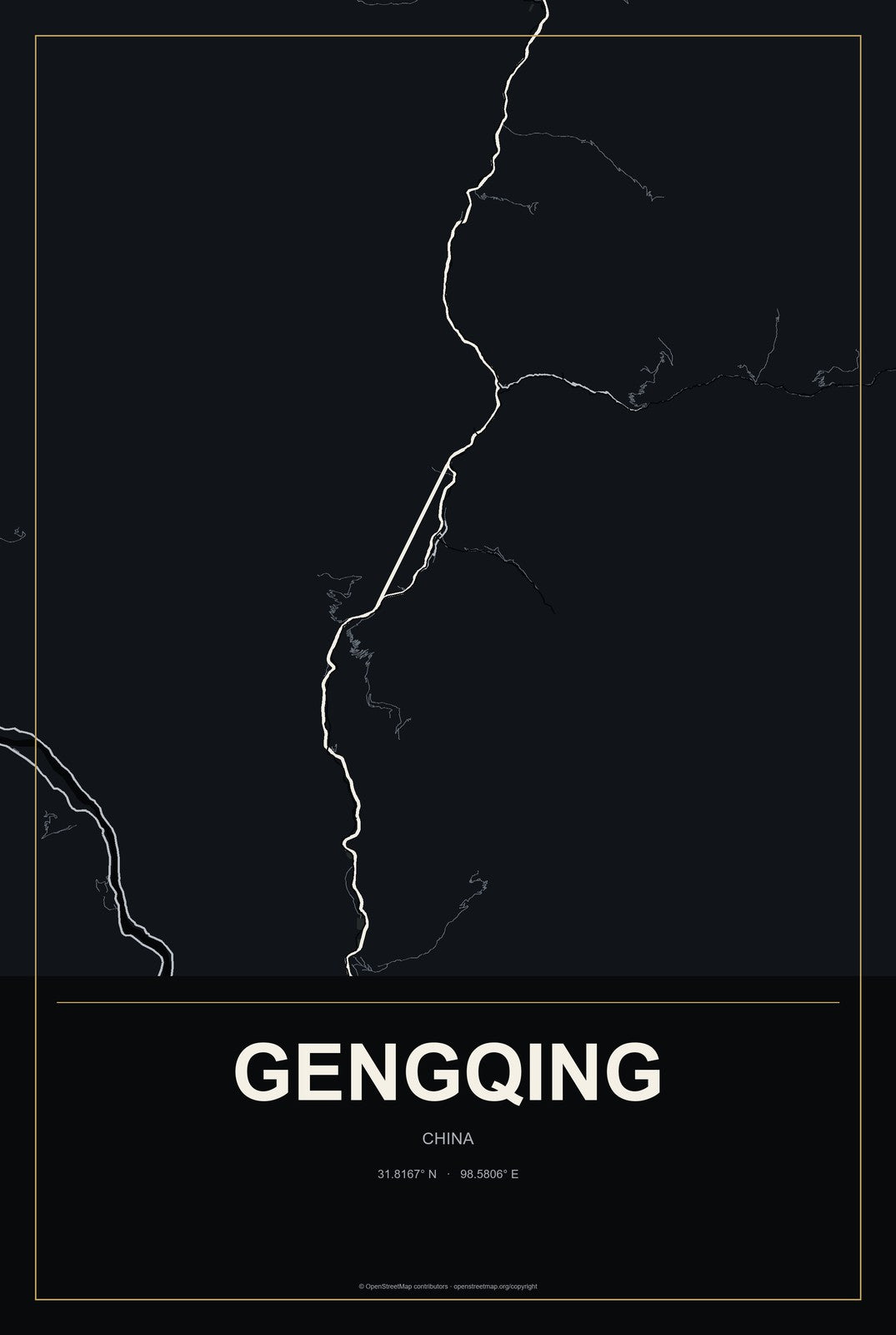 Gengqing, China City Map Aluminum Sign in Metropolitan Noir style