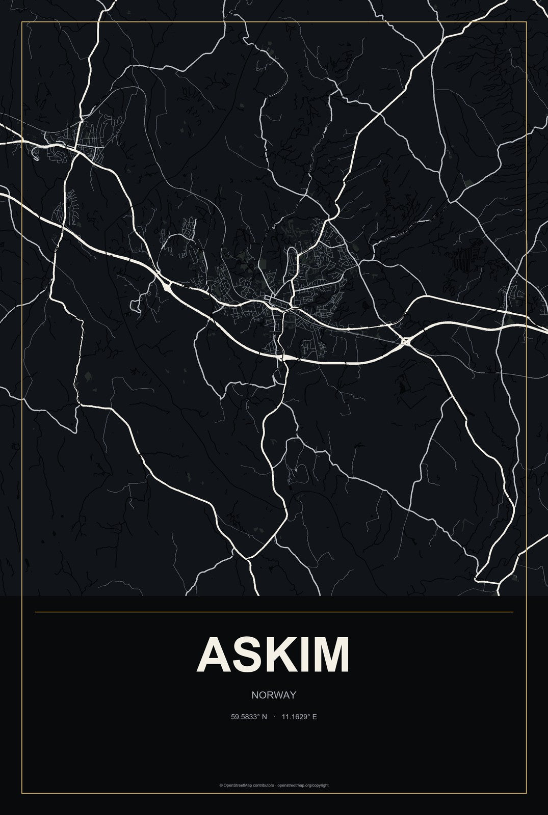 Askim, Norway City Map Aluminum Sign in Metropolitan Noir style
