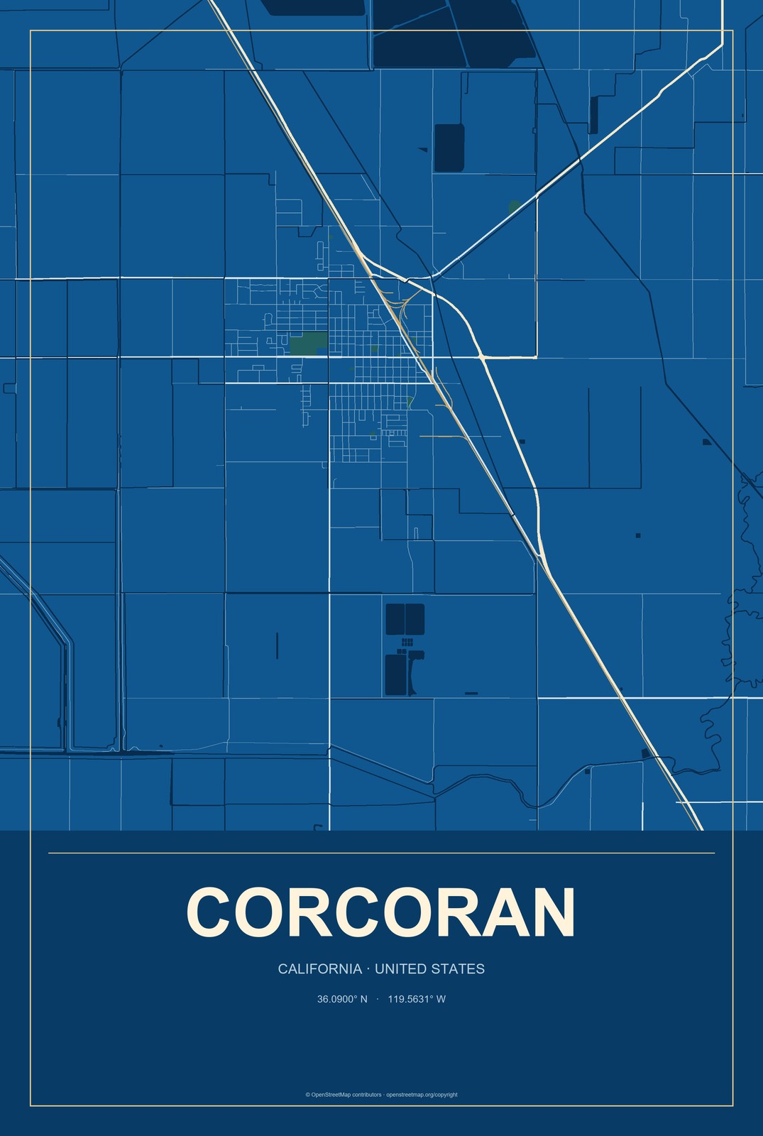 Corcoran, California City Map Aluminum Sign in Harbor Cobalt style