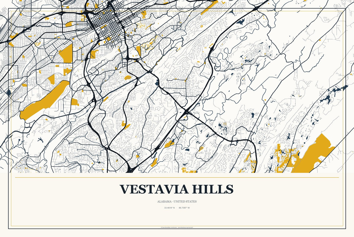 Vestavia Hills, Alabama City Map Aluminum Sign in Citrine Modern style