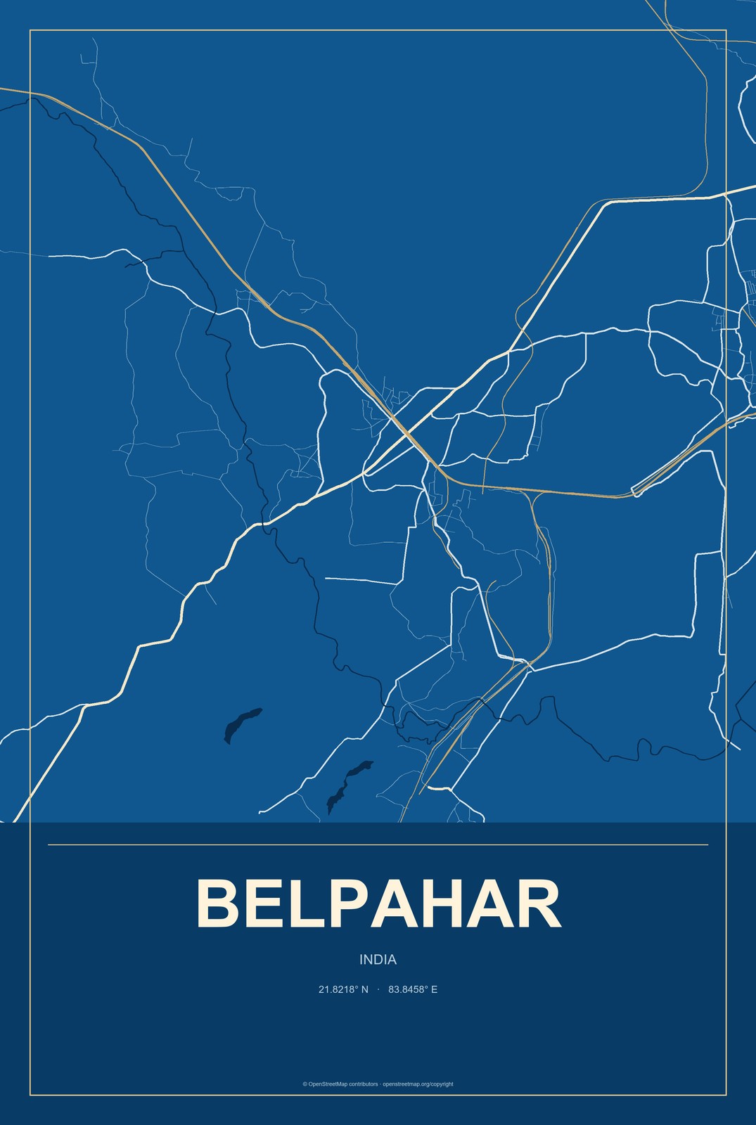 Belpahar, India City Map Aluminum Sign in Harbor Cobalt style