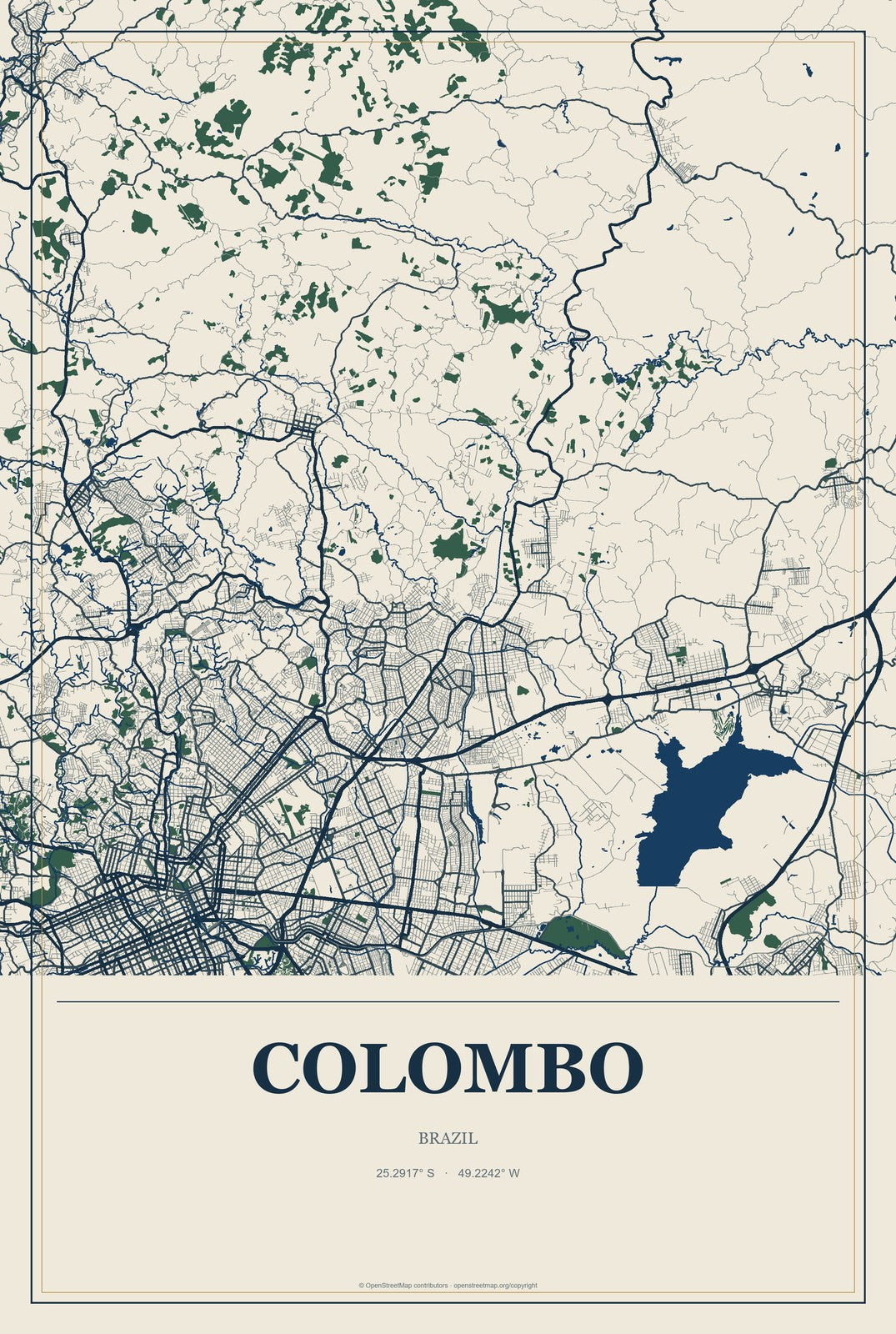 Colombo, Brazil City Map Aluminum Sign in Coastal Cutout style