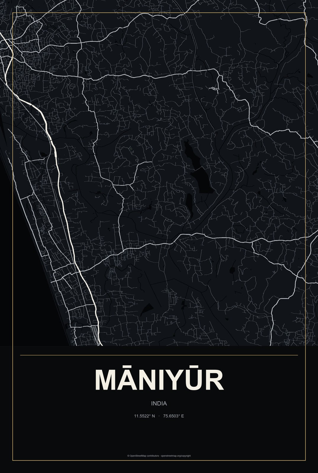Māniyūr, India City Map Aluminum Sign in Metropolitan Noir style