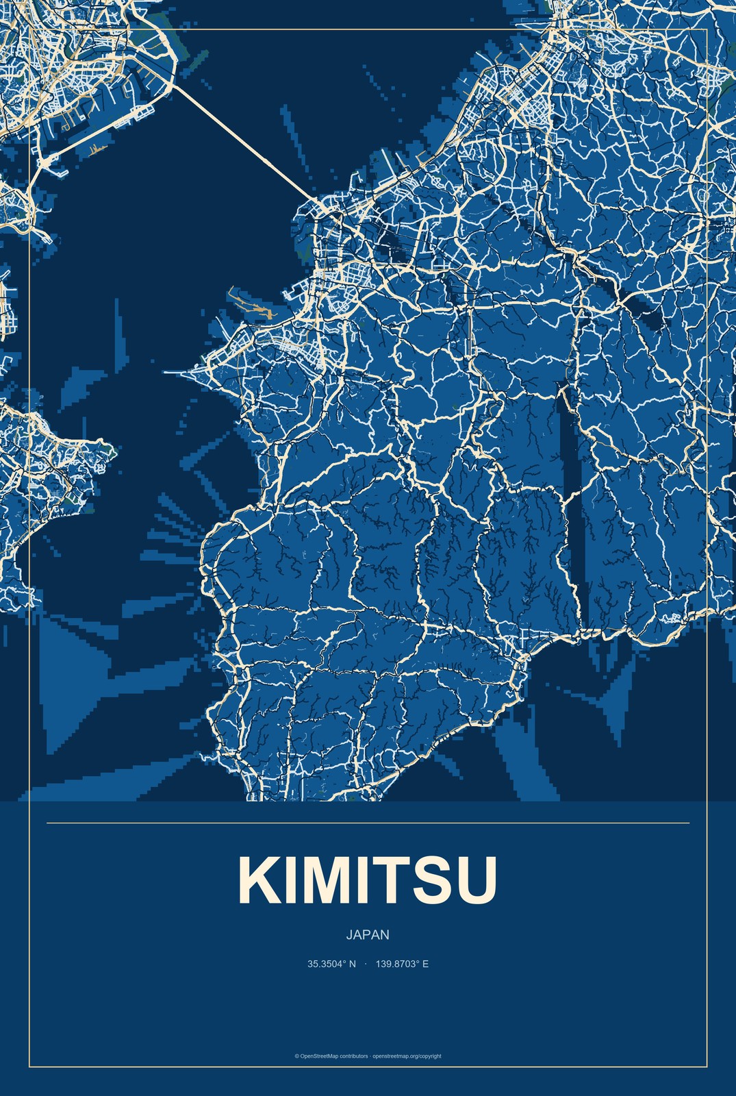 Kimitsu, Japan City Map Aluminum Sign in Harbor Cobalt style