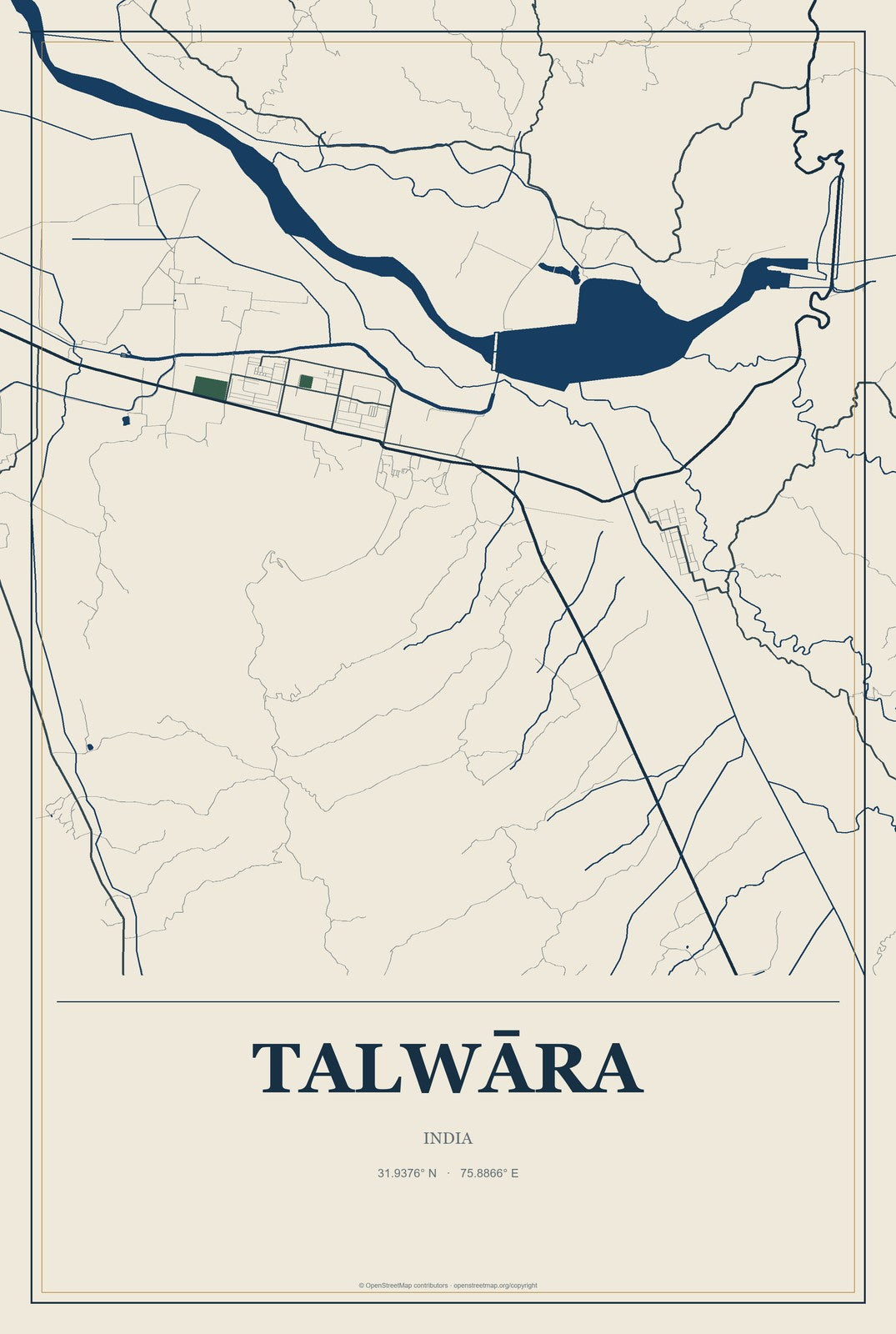 Talwāra, India City Map Aluminum Sign in Coastal Cutout style