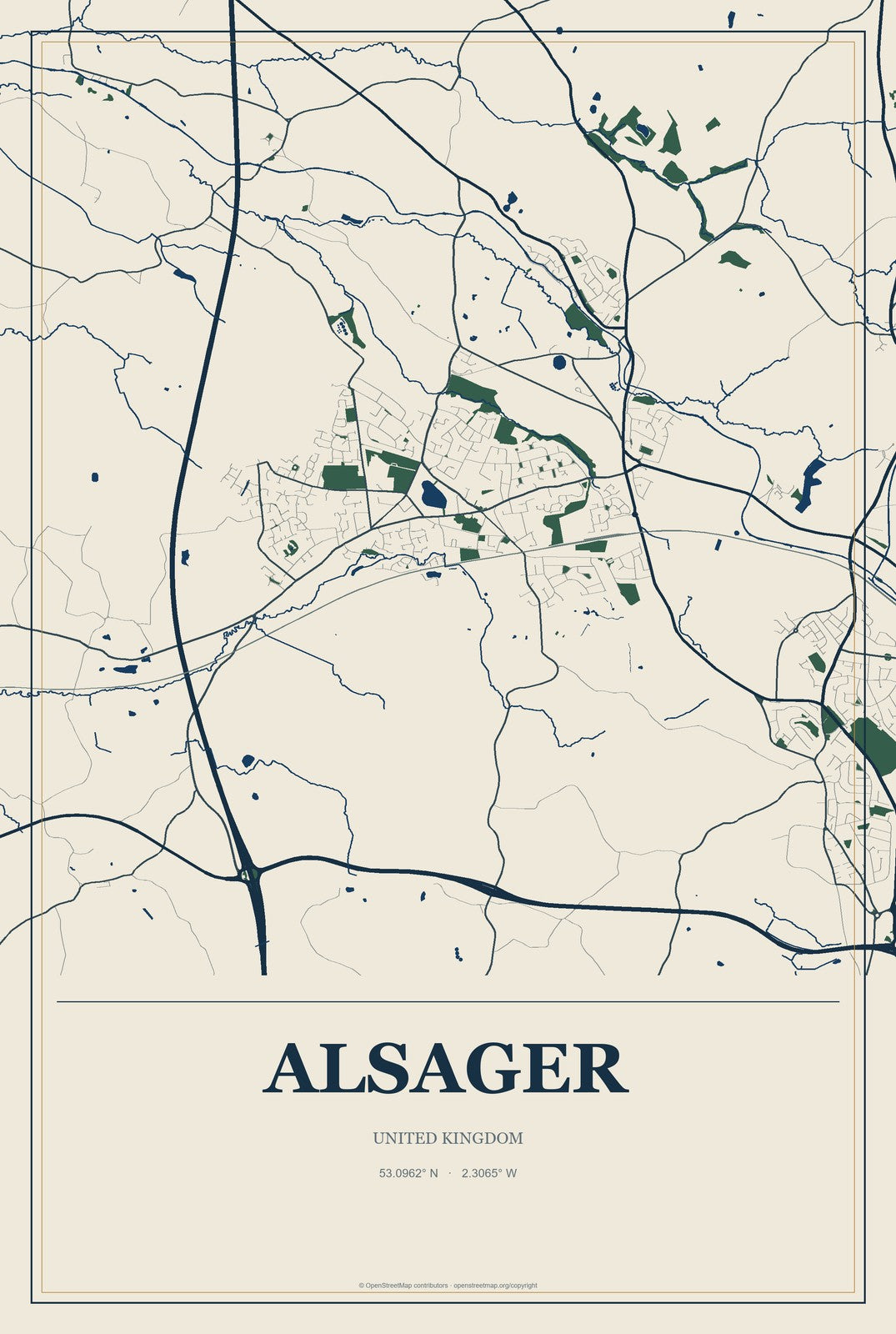 Alsager, United Kingdom City Map Aluminum Sign in Coastal Cutout style