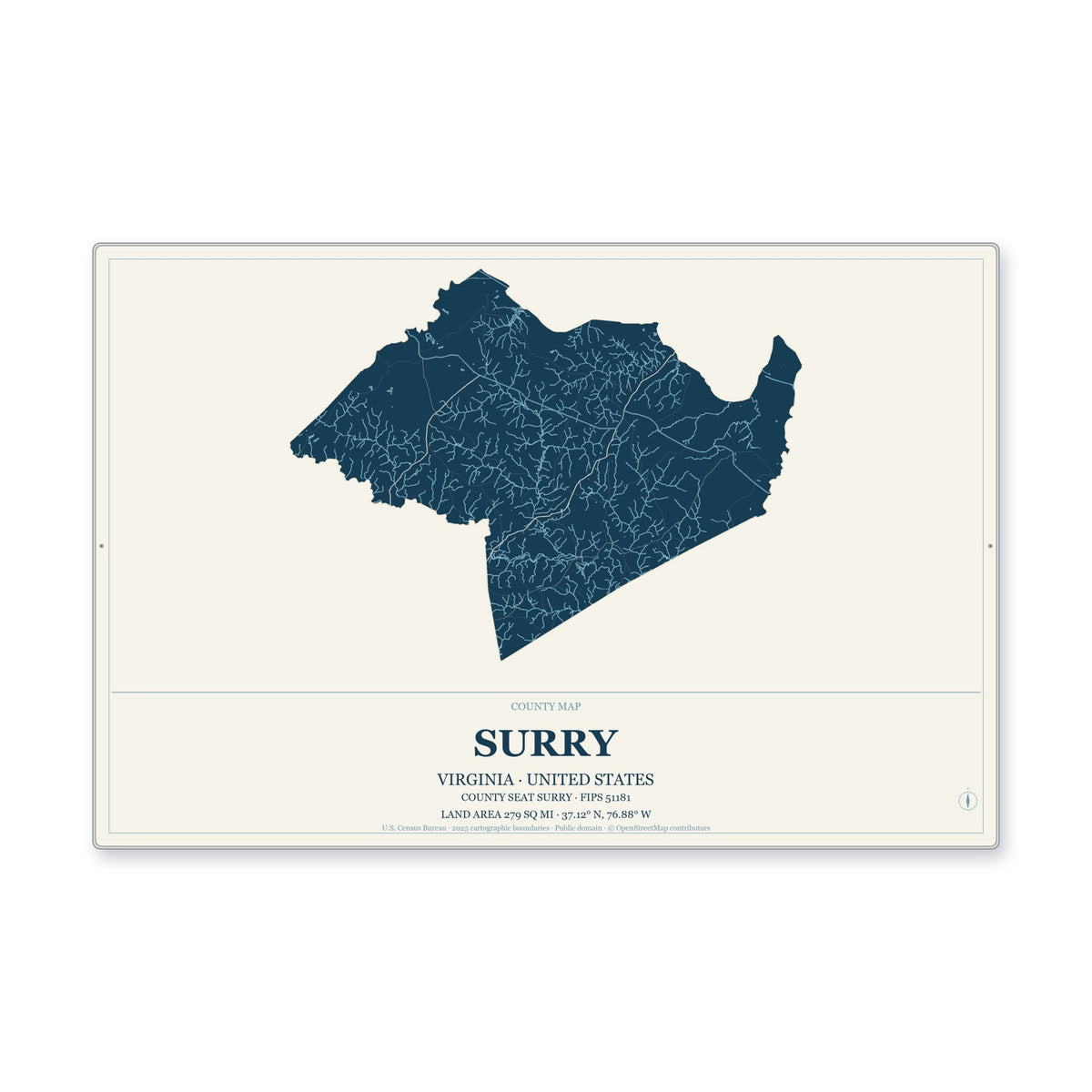 Surry County, Virginia Map Aluminum Sign in Coastal Cutout style