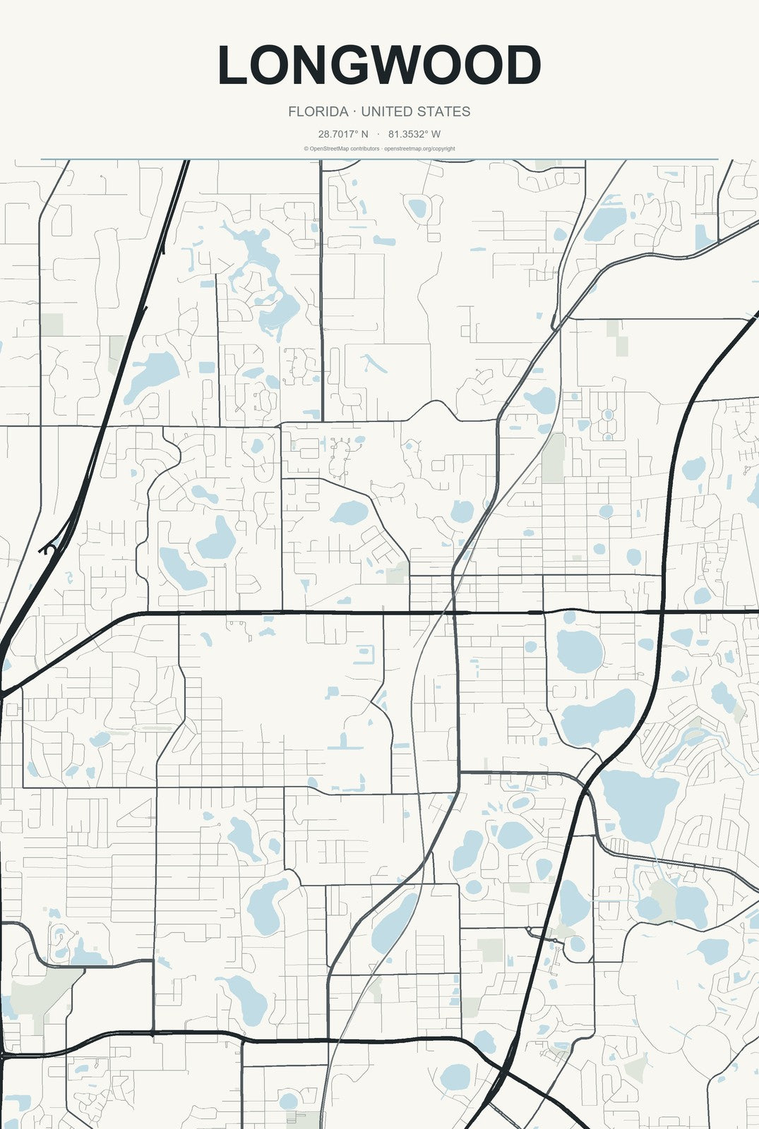 Longwood, Florida City Map Aluminum Sign in Headline Atlas style