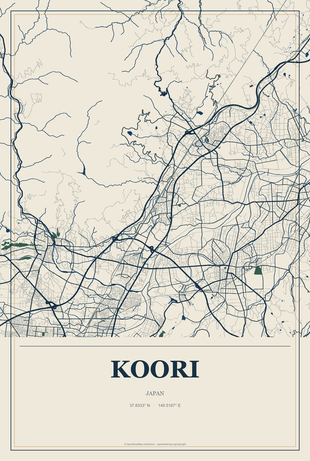 Koori, Japan City Map Aluminum Sign in Coastal Cutout style