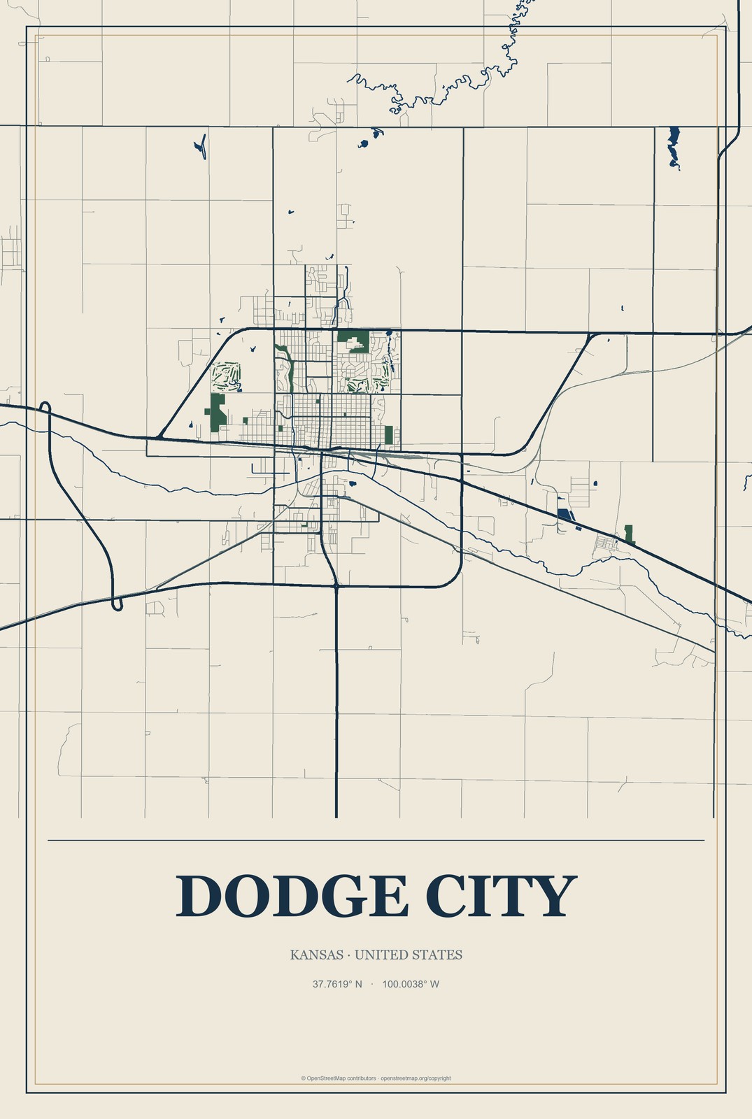 Dodge City, Kansas City Map Aluminum Sign in Coastal Cutout style