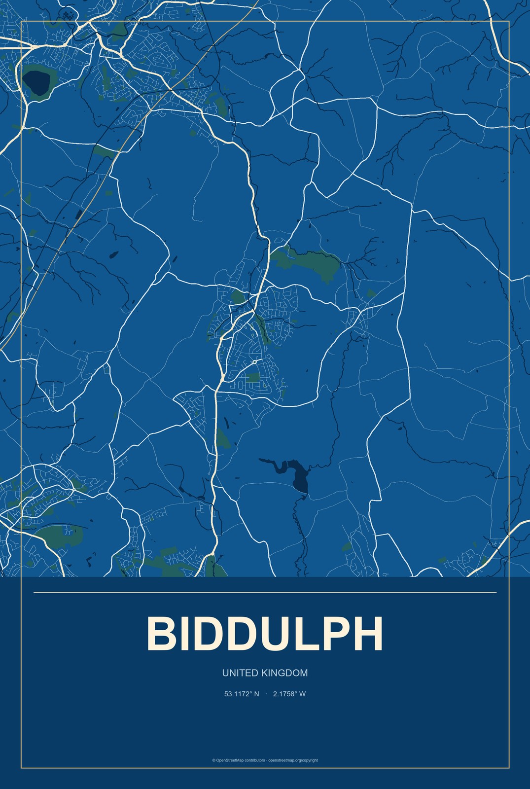 Biddulph, United Kingdom City Map Aluminum Sign in Harbor Cobalt style