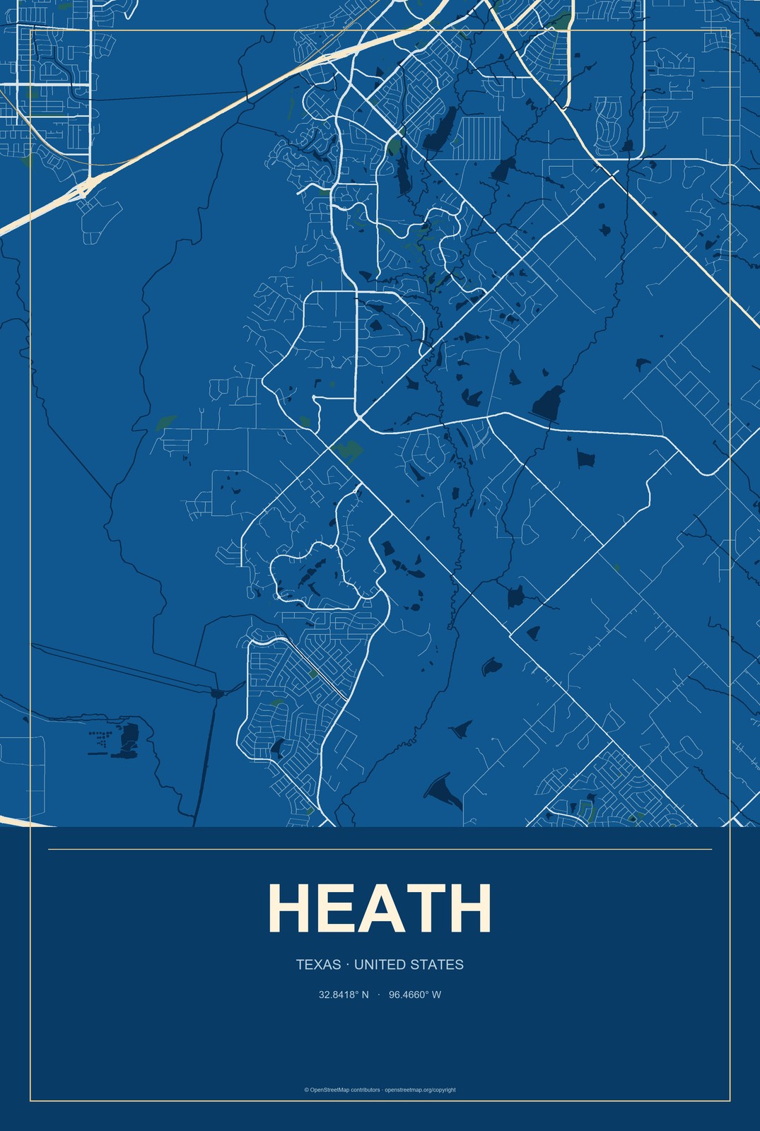 Heath, Texas City Map Aluminum Sign in Harbor Cobalt style