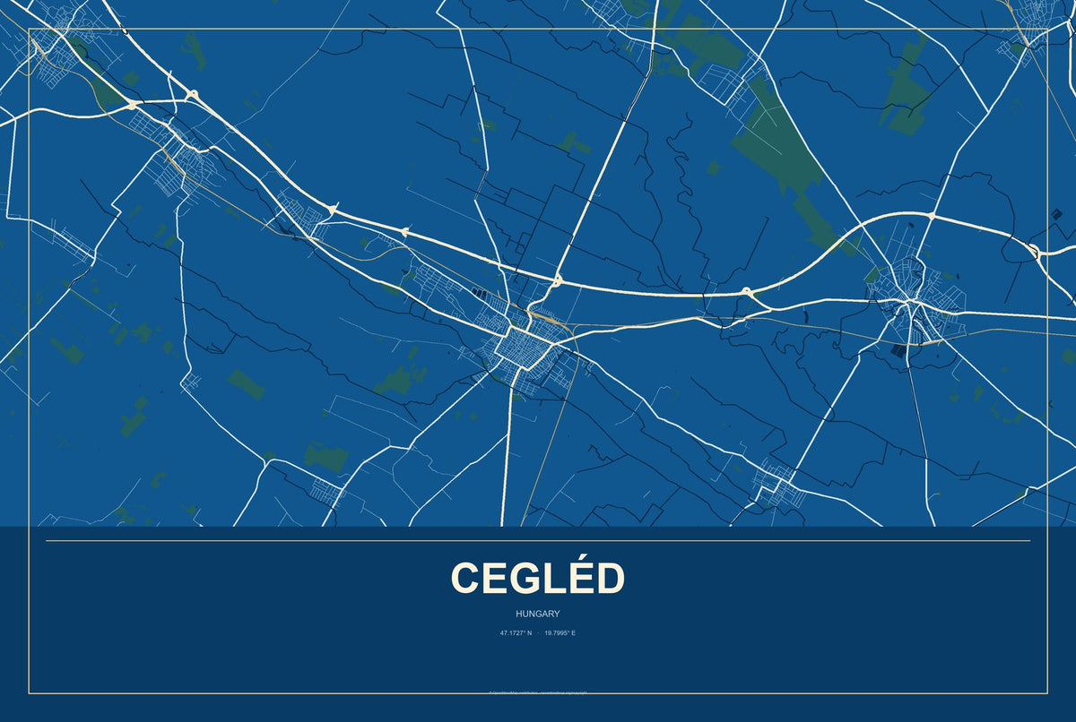 Cegléd, Hungary City Map Aluminum Sign in Harbor Cobalt style