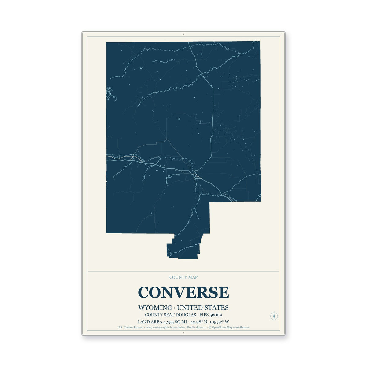 Converse County, Wyoming Map Aluminum Sign in Coastal Cutout style