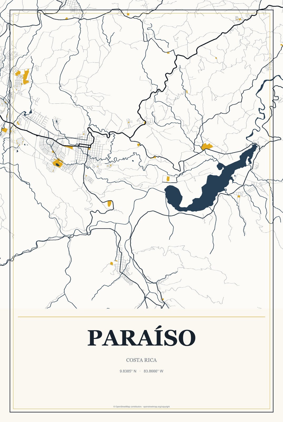 Paraíso, Costa Rica City Map Aluminum Sign in Citrine Modern style