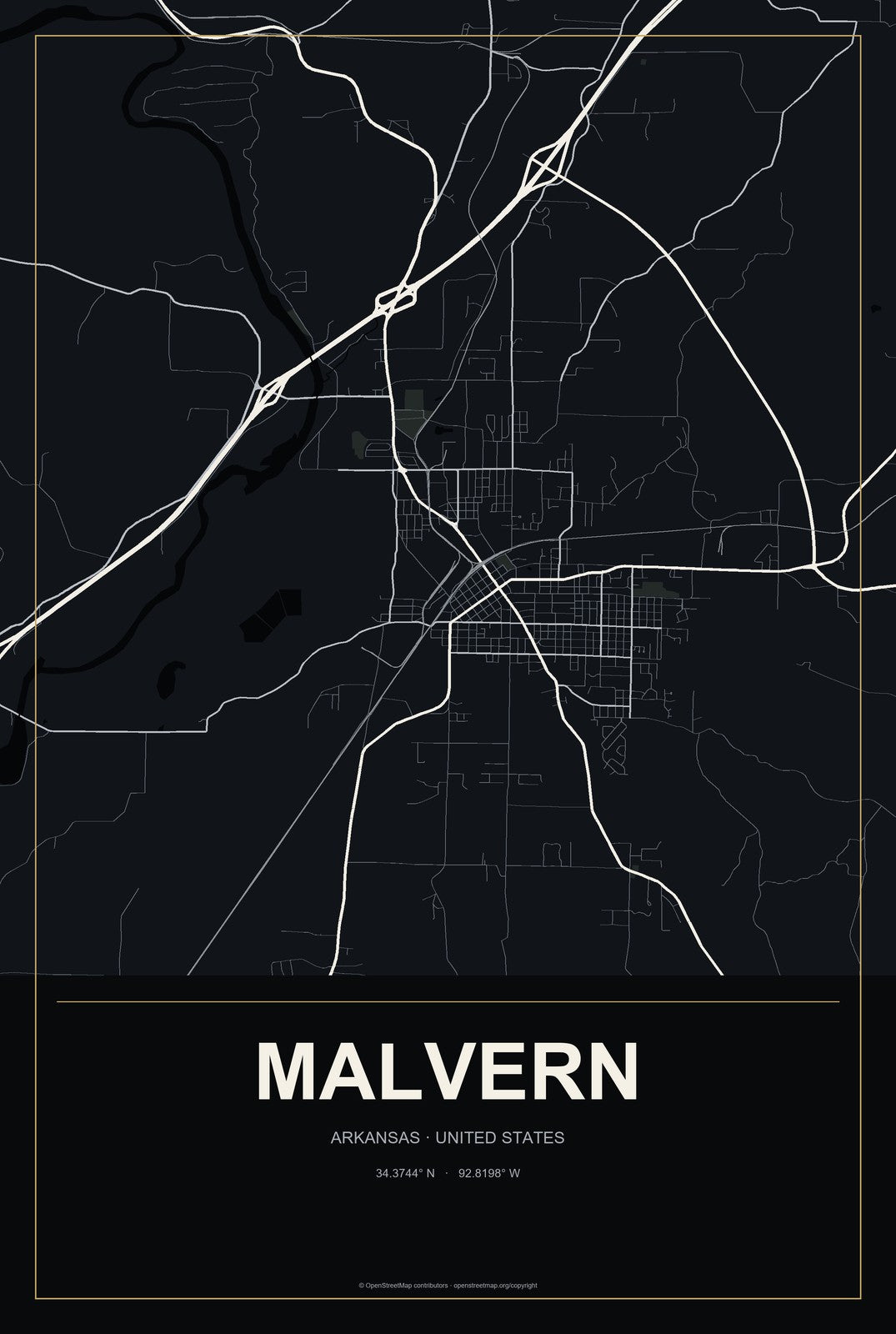 Malvern, Arkansas City Map Aluminum Sign in Metropolitan Noir style