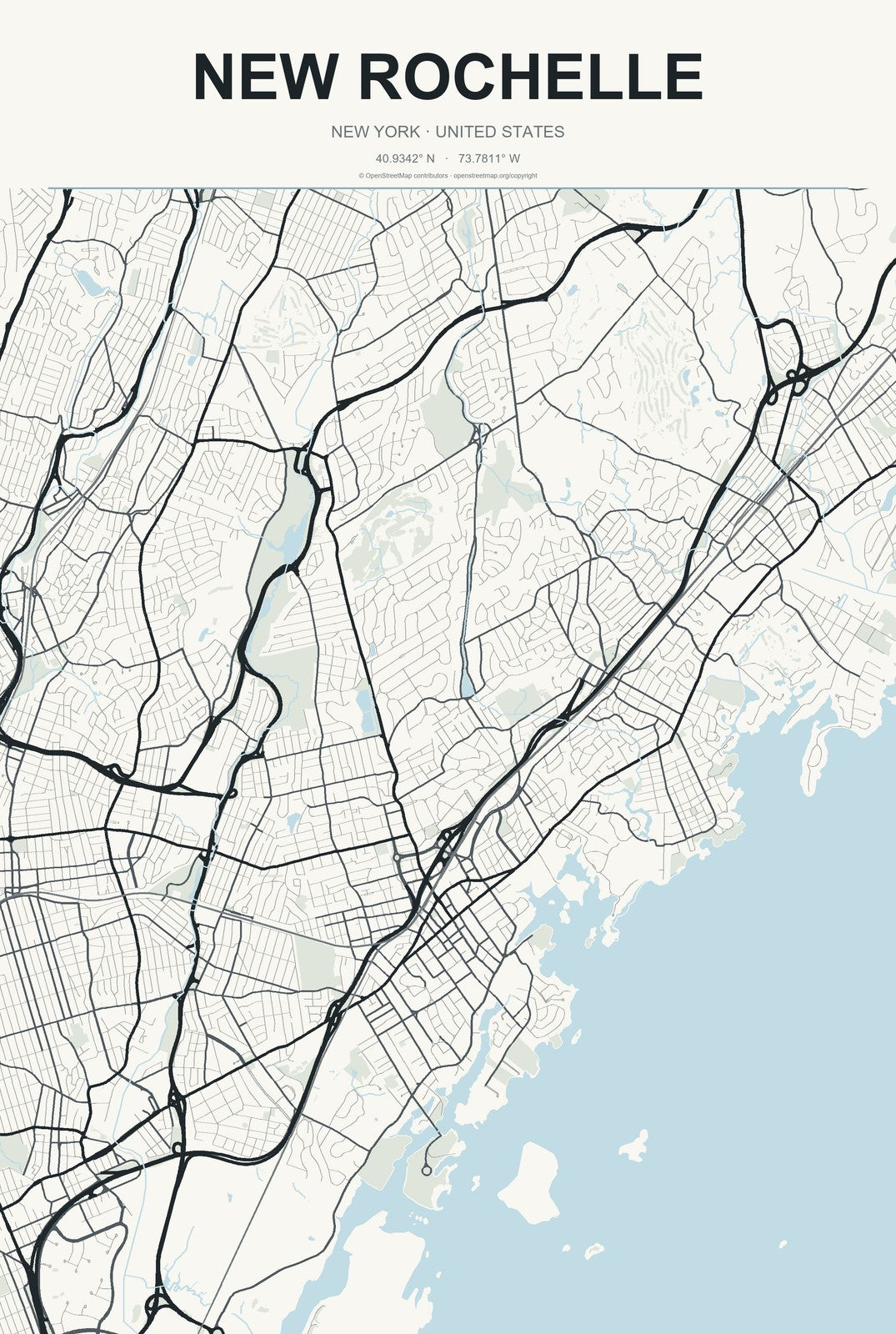 New Rochelle, New York City Map Aluminum Sign in Headline Atlas style