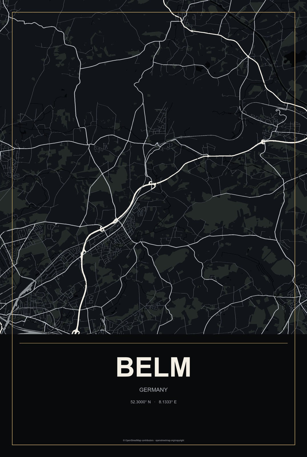 Belm, Germany City Map Aluminum Sign in Metropolitan Noir style