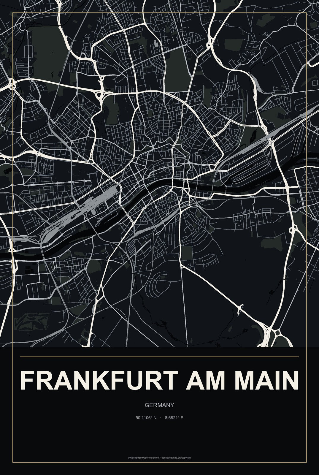 Frankfurt am Main, Germany City Map Aluminum Sign in Metropolitan Noir style