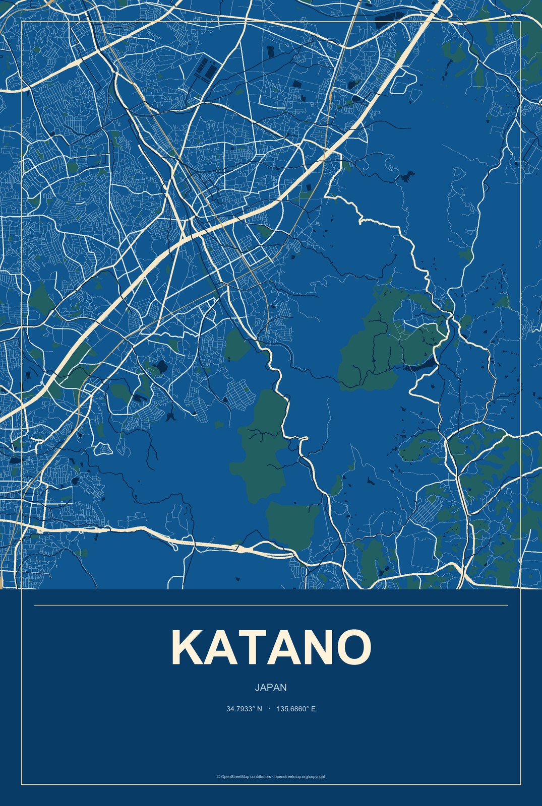 Katano, Japan City Map Aluminum Sign in Harbor Cobalt style