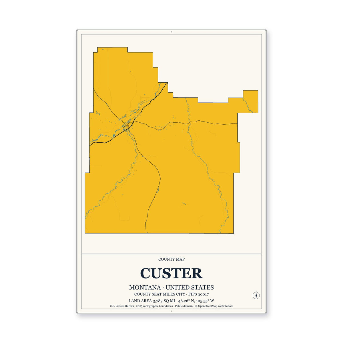 Custer County, Montana Map Aluminum Sign in Citrine Modern style