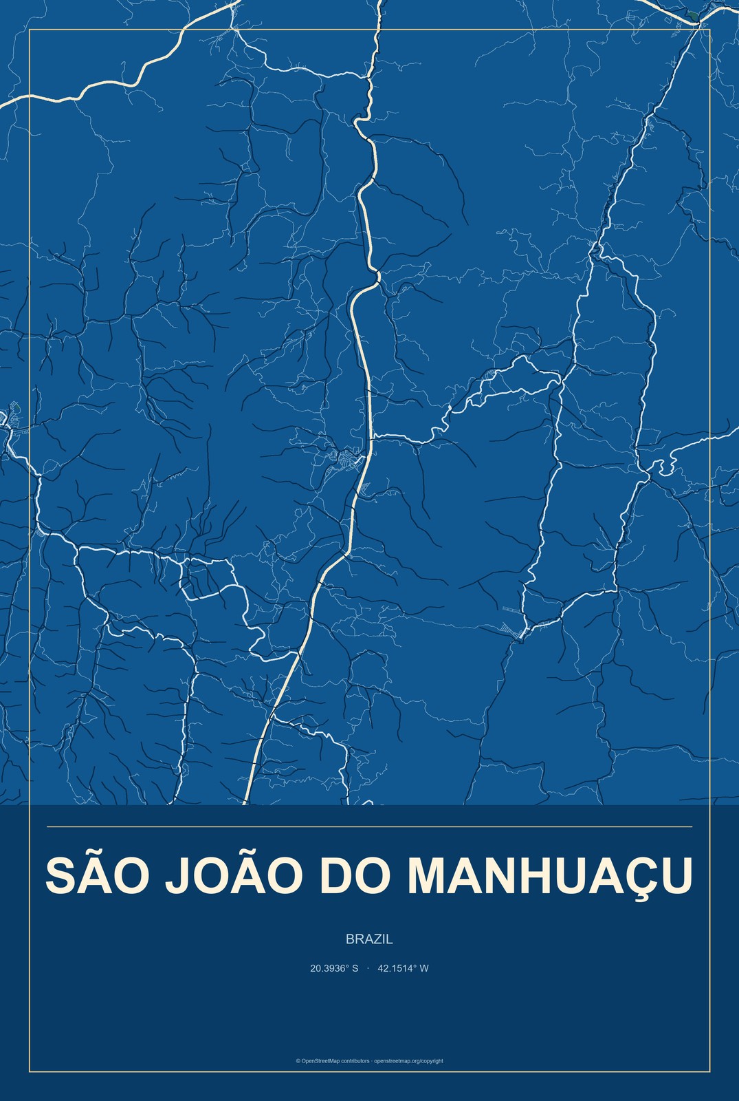 São João do Manhuaçu, Brazil City Map Aluminum Sign in Harbor Cobalt style