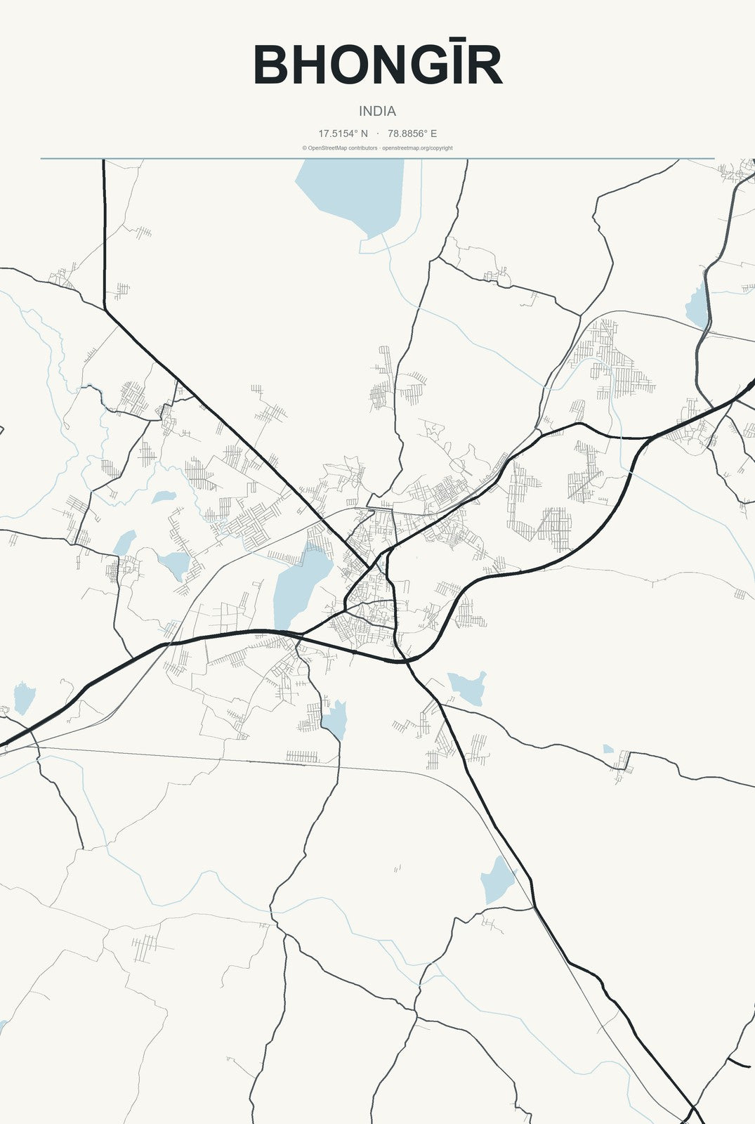 Bhongīr, India City Map Aluminum Sign in Headline Atlas style
