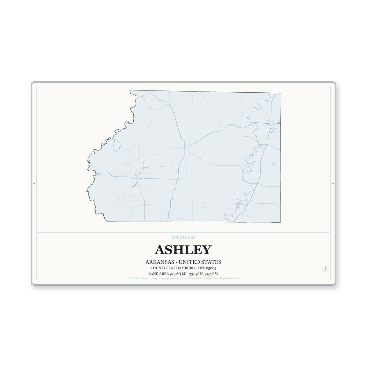 Ashley County, Arkansas Map Aluminum Sign in Gallery Air style