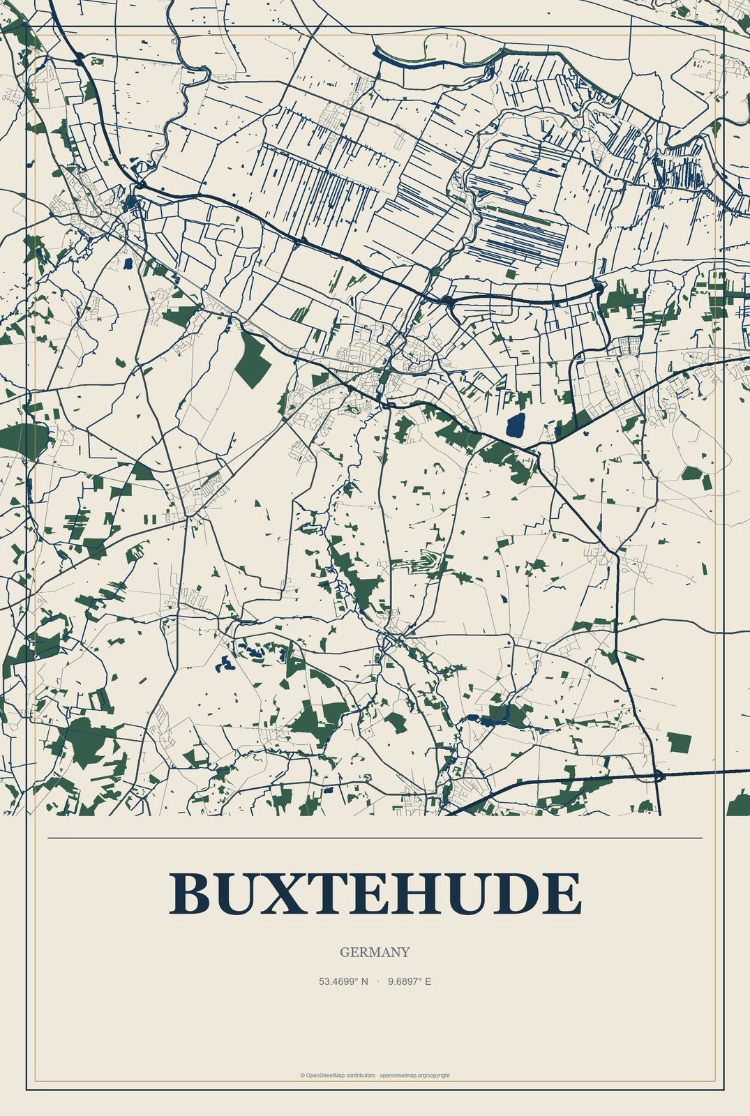 Buxtehude, Germany City Map Aluminum Sign in Coastal Cutout style