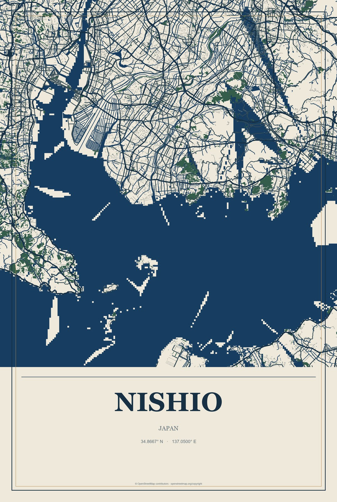 Nishio, Japan City Map Aluminum Sign in Coastal Cutout style