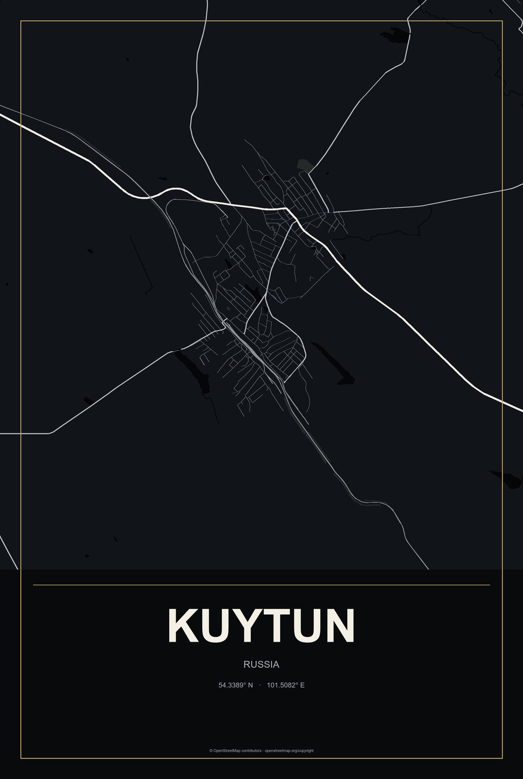 Kuytun, Russia City Map Aluminum Sign in Metropolitan Noir style